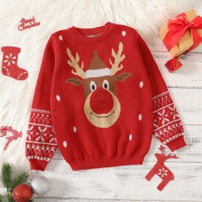 Kid Girl Christmas Deer Geo Pattern Knit Red Sweater